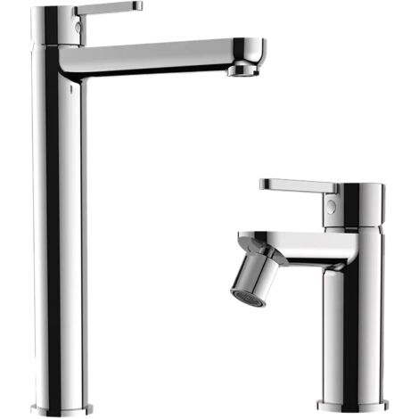 Set Miscelatori con Lavabo Alto e Bidet senza Scarico in Ottone Cromato Mod. Virna