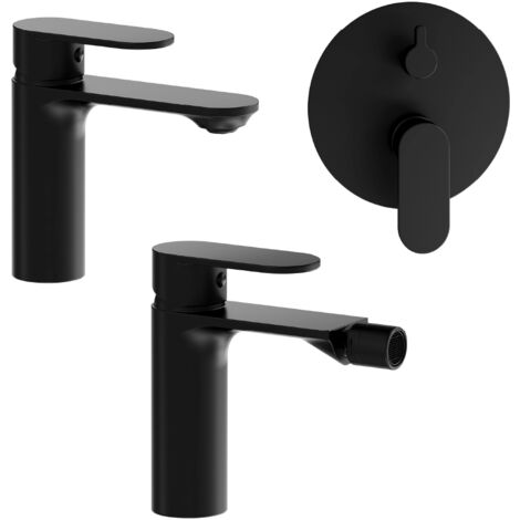Set Miscelatori con Lavabo Bidet senza Scarico e Incasso Doccia c/Deviatore in Ottone Nero Opaco Mod. Kerry