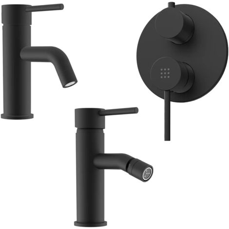 Set Miscelatori con Lavabo e Bidet senza Scarico ed Incasso Doccia con Deviatore in Ottone Nero Opaco Mod. Ava