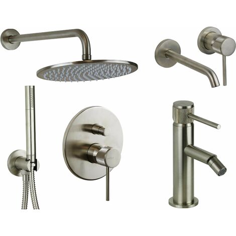 Set miscelatori lavabo a muro, bidet e kit doccia in finitura acciaio spazzolato con maniglia lusso Gattoni Beta KITBETA6NS