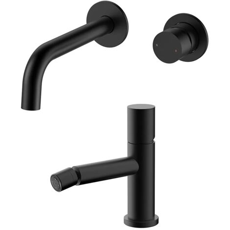 Set miscelatori lavabo a muro e bidet nero opaco senza leva Gemini
