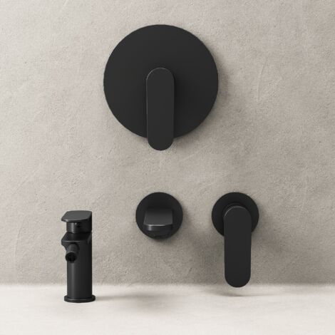 Set Miscelatori Lavabo a Parete Bidet e Doccia Con Piletta Click Clack Nero - Neptune