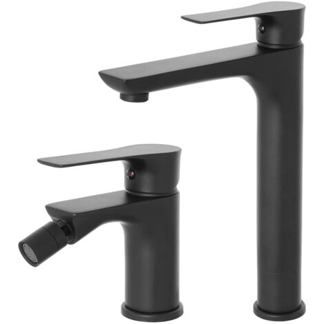 Set miscelatori lavabo alto e bidet Flat nero opaco con piletta