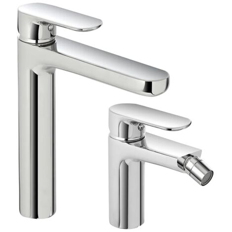 Set miscelatori lavabo alto e bidet Kreo in ottone cromato con piletta