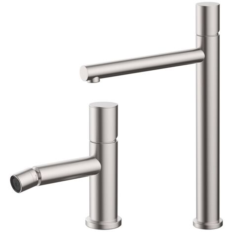 Set miscelatori lavabo alto e bidet satinato senza leva in acciaio inox Gemini