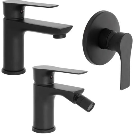 Set miscelatori lavabo bidet e doccia Flat nero opaco con piletta
