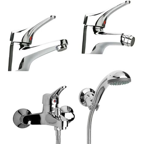 Set miscelatori lavabo bidet e vasca con kit doccia cromati Piralla Ariel scarico incluso
