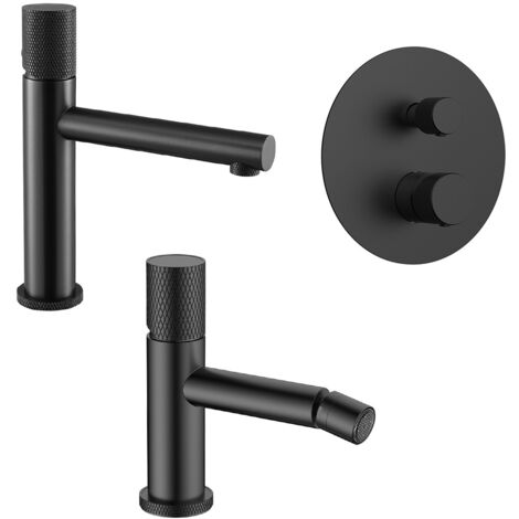 Set miscelatori nero opaco lavabo bidet e doccia con leve zigrinata Gemini