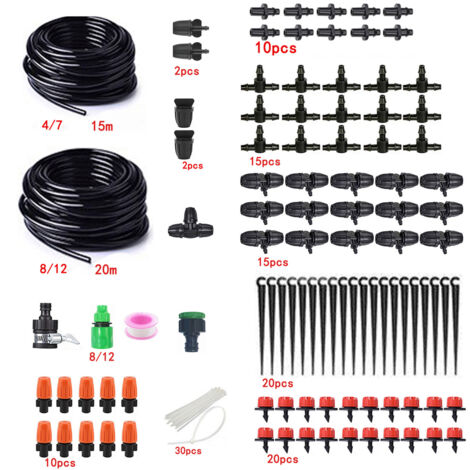 Set misto di irrigazione a goccia con doppio tubo, giardinaggio, casa, balcone, irrigazione di stagni, fiori, fai da te, irrigazione/doppio tubo, 20 m + 15 m, combinazione di nebbia arancione, Cappucc