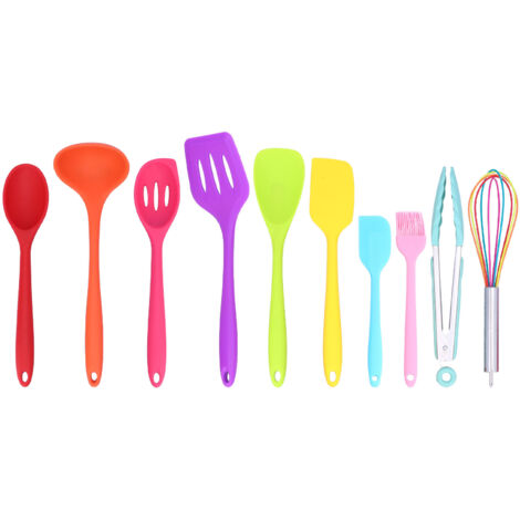 Set mit 10 antihaftbeschichteten Küchenutensilien aus Silikon, bestehend aus Pfannenwender, Löffel, Schneebesen und einem bunten Pinsel.