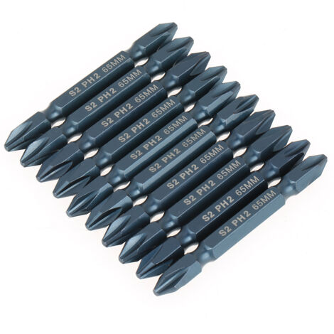 Set mit 10 doppelseitigen Schraubendreherbits aus S2-Legierungsstahl, 1/4", 65 mm, H6,365PH2