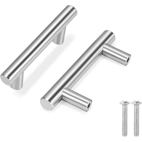 Set mit 10 Küchenschrankgriffen, silberne Schubladengriffe, 4 Zoll Länge (2,5 Zoll Lochabstand), massiver Edelstahl-T-Stange, Oberfläche aus satiniertem, gebürstetem Nickel — Beschläge für Küchenschra