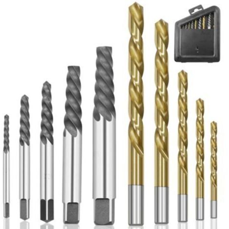 Set mit 10 Linksgewinde-Schraubenausdrehern aus Kobalt mit vergoldetem Metallgehäuse, Ausdreher für abgebrochene Schraubenköpfe