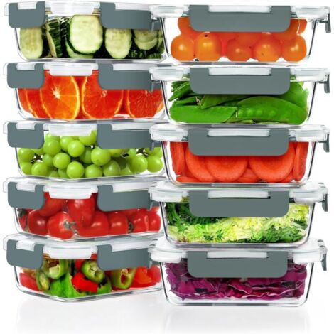 Set mit 10 luftdichten Glas-Lunchboxen mit Deckel, BPA-frei, mikrowellen-, ofen-, gefrier- und spülmaschinengeeignet, grau