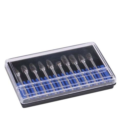 Set mit 10 rotierenden Feilen aus Wolframkarbidstahl, 3 mm Schaft, 6 mm Schneiddurchmesser, doppelte Schneide
