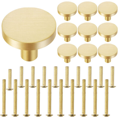 Set mit 10 runden Knöpfen aus gebürstetem Messing für Möbel, Schränke und Schubladen. Einloch-Beschläge für Schubladen und moderne Küchenaccessoires. Oberfläche: Gebürstetes Messing.
