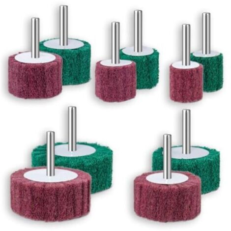 Set mit 10 Schleifscheiben in verschiedenen Größen: 60/50/40/30/25 mm. Vlies-Schleifscheiben-Set zum Reinigen und Entfernen von Farbe und Oxiden, Schaftdurchmesser: 6 mm.