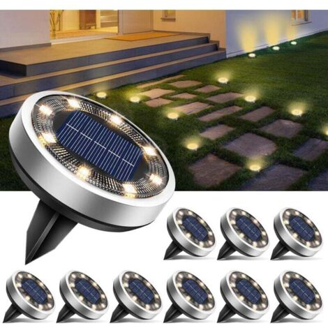 Set mit 10 Solar-Bodenleuchten, 8 LED-Solar-Gartenleuchten, wasserdicht (IP65), Solar-Außenstrahler für Wege, Rasenflächen, Terrassen, Einfahrten, Höfe, Pools, warmweißes Licht [Energieklasse E]