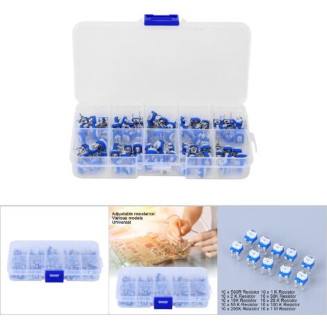 Set mit 100 blauen und weißen einstellbaren Widerständen, Potentiometern für elektronische Regelungstechnik und elektrische Geräte.