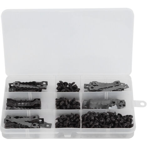 Set mit 100 gezahnten Bilderrahmenbefestigungen, 200 Schrauben und 2-Loch-Haken – Schwarz