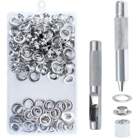 Set mit 100 Metallösen (14 mm) inklusive Werkzeug, ideal zur Reparatur von Planen, Segeltüchern und Zelten (silberfarben).