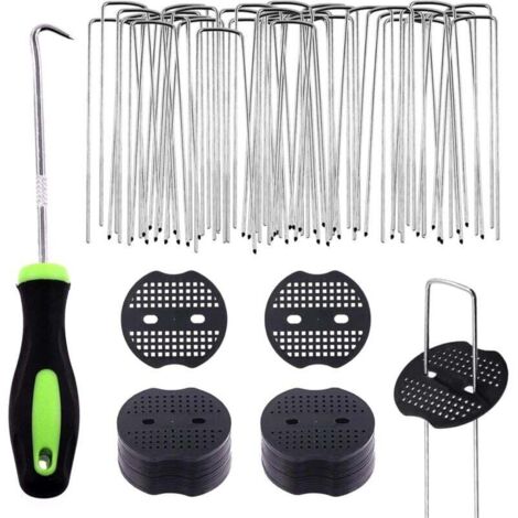 Set mit 101 U-förmigen Gartenpfählen und Kunststoff-Befestigungselementen mit Haken, Klemmen für Bewässerungsrohre, befestigte Zäune, Kunstrasennägel