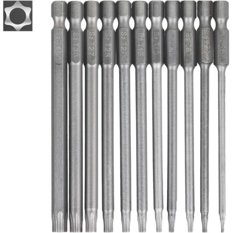 Set mit 11 langen Torx-Bits für Schraubendreher und Bohrmaschinen – 100 mm magnetische Torx-Bits mit 1/4"-Sechskantschaft, Größen T6 bis T40, geeignet für Bohrmaschinen und Werkzeuge