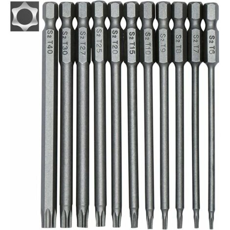 Set mit 11 langen Torx-Bits für Schraubendreher und elektrische Schraubendreher – magnetische Bits – 1/4 Zoll Sechskantschaft – Größen T6 bis T40 – Länge 100 mm