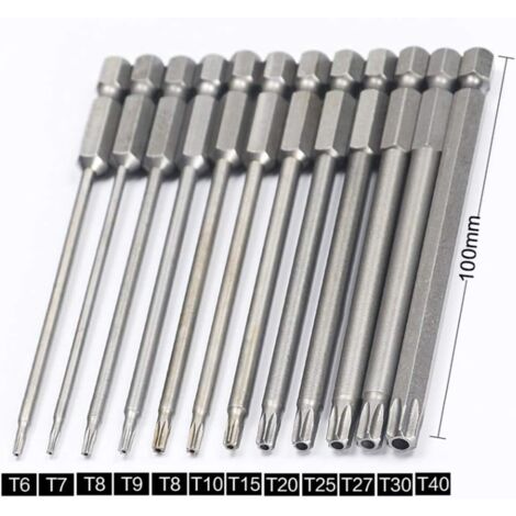 Set mit 11 langen Torx-Bits für Schraubendreher und Elektroschrauber – Magnetische Bits – 1/4-Zoll-Sechskantschaft – Größen T6 bis T40 – Länge 100 mm