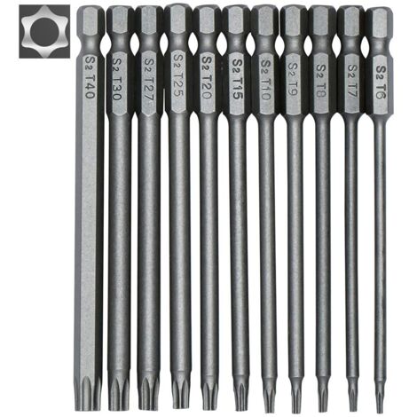 Set mit 11 langen Torx-Bits für Schraubendreher und Elektroschrauber – magnetische Bits – 1/4-Zoll-Sechskantschaft – Größen T6 bis T40 – Länge 100 mm NPTERBL