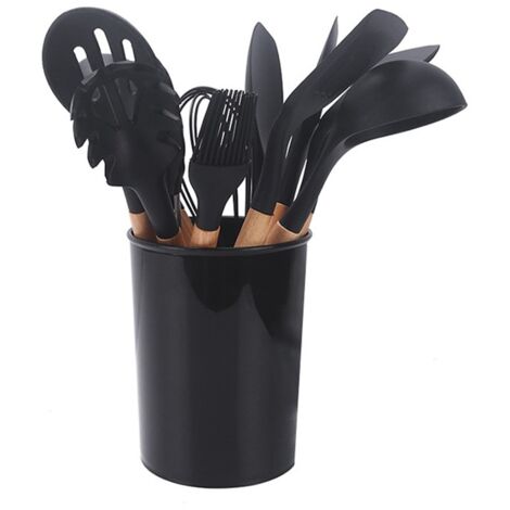 Set mit 11 schwarzen Silikon-Küchenutensilien mit Holzgriffen, bestehend aus Pfannenwender, Pinsel, Schaber und Antihaft-Löffel, in einem farbenfrohen runden Eimer