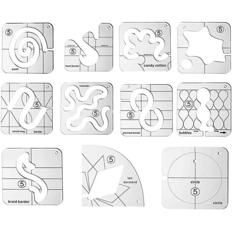 Set mit 11 transparenten Acryl-Quiltmustern inklusive Nähmaschinenfuß und Quiltschablone.