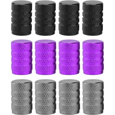 Set mit 12 Autoreifenventilkappen – Robuste Autoreifenventilkappen – Aluminium – Schwarz, Lila, Grau