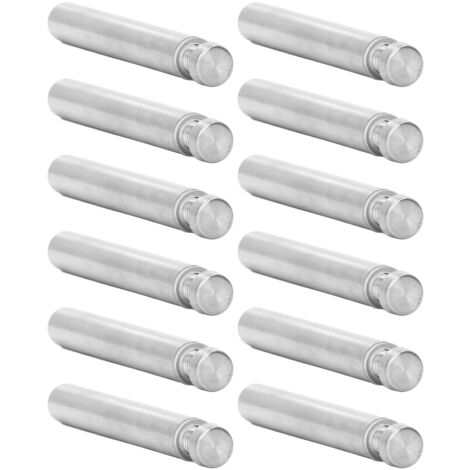 Set mit 12 Edelstahl-Abstandsschrauben 12 x 80 mm zur Befestigung von Werbetafeln auf Glas, ideal für den Heimgebrauch.
