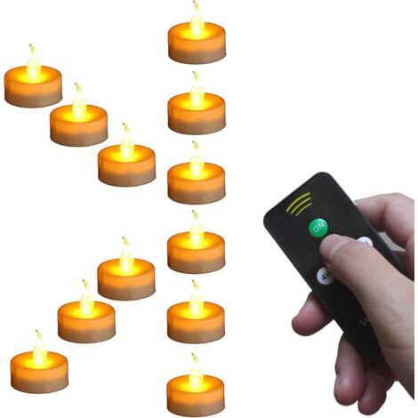 Set mit 12 flammenlosen Teelichtern mit Timer und Fernbedienung, künstliche elektrische Kerzen mit flackerndem Licht, gelbe Glühbirne