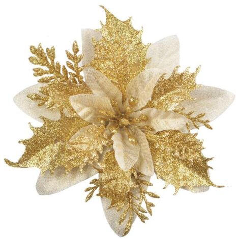 Set mit 12 glitzernden Weihnachtsblumen (15 cm) und 12 künstlichen Weihnachtssternen für den Weihnachtsbaum (Gold)