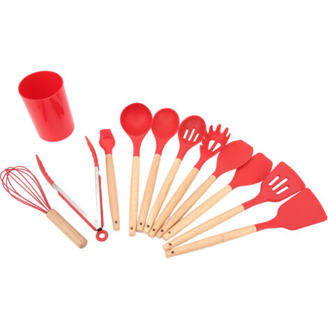 Set mit 12 Küchenutensilien aus Silikon mit ergonomischen Holzgriffen, rote Küchenhelfer