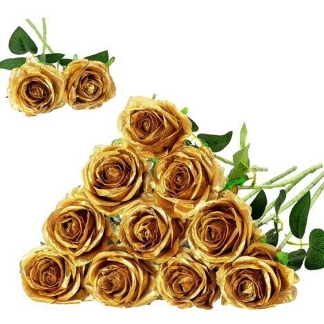 Set mit 12 künstlichen Seidenrosen (golden) für die Innenraumdekoration, Hochzeitsfeier