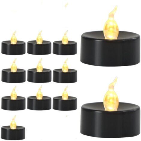 Set mit 12 LED-Teelichtern, Brenndauer über 200 Stunden, zur Dekoration (warmweißes Blinklicht, schwarzer Sockel, 12 Stück)