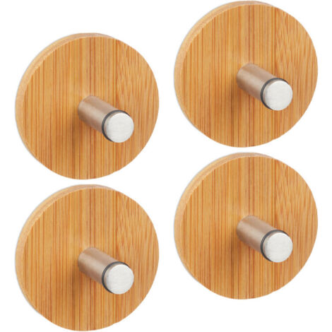 Set mit 12 runden Klebehaken für Wände, Bad und Küche, aus Edelstahl und Bambus, Küchenhandtuchhalter, Naturfarbe.