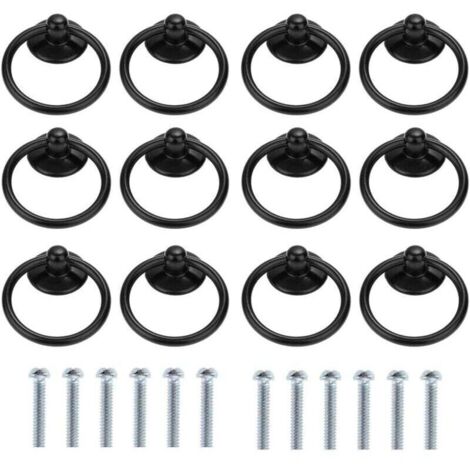 Set mit 12 runden Schubladen- oder Schrankgriffen – Vintage-Stil – Einlochmontage – Schwarz