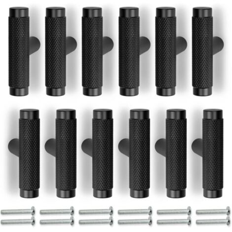 Set mit 12 schwarzen, gerändelten Griffen, 50 mm, für Möbel, Schubladen und Schränke