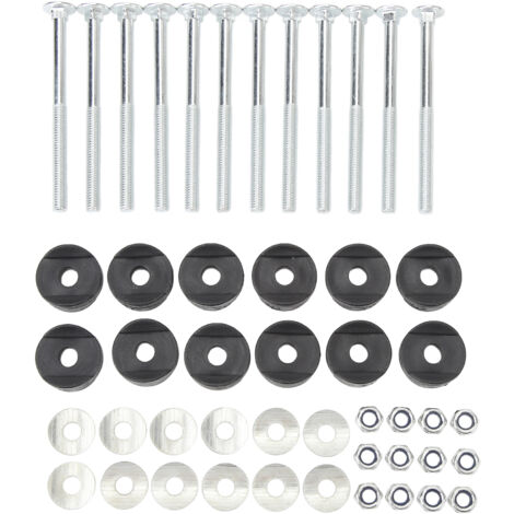 Set mit 12 verzinkten Stahl-Trampolinschrauben für erhöhte Stabilität. Schrauben, Bolzen und lange Muttern sind im Lieferumfang enthalten.