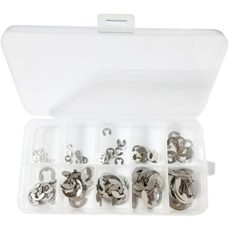 Set mit 120 E-förmigen Edelstahl-Sicherungsringen von 1,5 mm bis 10 mm für den mobilen Einsatz.