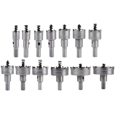 Set mit 13 Hartmetall-Lochsägen für Edelstahl, Durchmesser 16–22 mm, ideal zum Bohren in Metall.