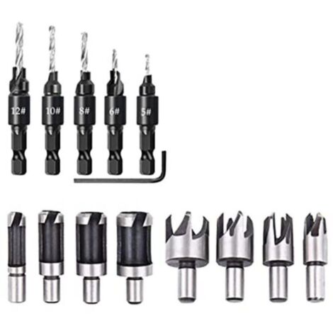 Set mit 14 Holzbohrern für Dübellöcher, Fasenbohrer, Fünfschlitzbohrer, Innensechskantschlüssel, schwarz und silber