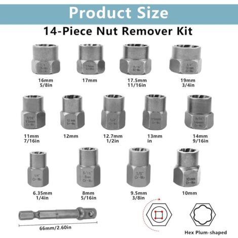 Set mit 14 Mutternausdrehern, Schraubenausdreher mit Sechskantadapter, Mutternzieher, Mutternausdreher zum Entfernen beschädigter Schrauben, Bolzen und Muttern