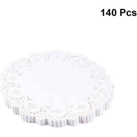 Set mit 140 runden, 14 cm großen Spitzendeckchen aus Papier für Kuchen, Desserts, Kekse, Leckereien, als Platzdeckchen, Tortenverpackungsdeckchen für Hochzeiten, Geburtstagsfeiern und als weiße runde 