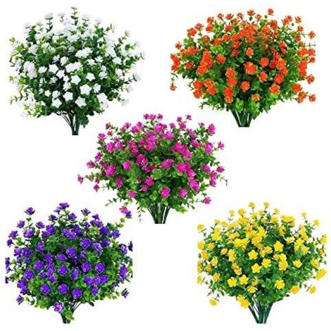 Set mit 15 künstlichen Blumensträußen für draußen und drinnen – UV-beständige Kunststoffpflanzen in 5 Farben für Zuhause