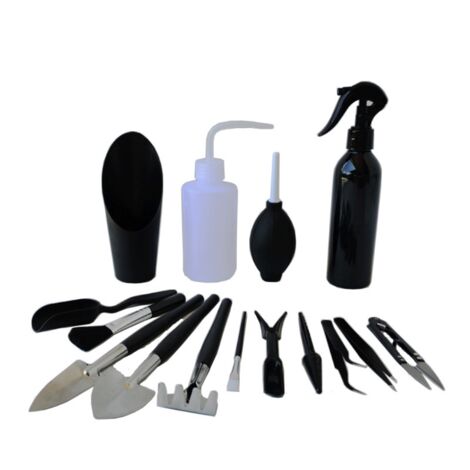 Set mit 15 robusten Gartengeräten, Mini-Garten-Handset, schwarzes ABS, 25 x 16 cm, für Sukkulenten, Bonsai und den Hausgebrauch